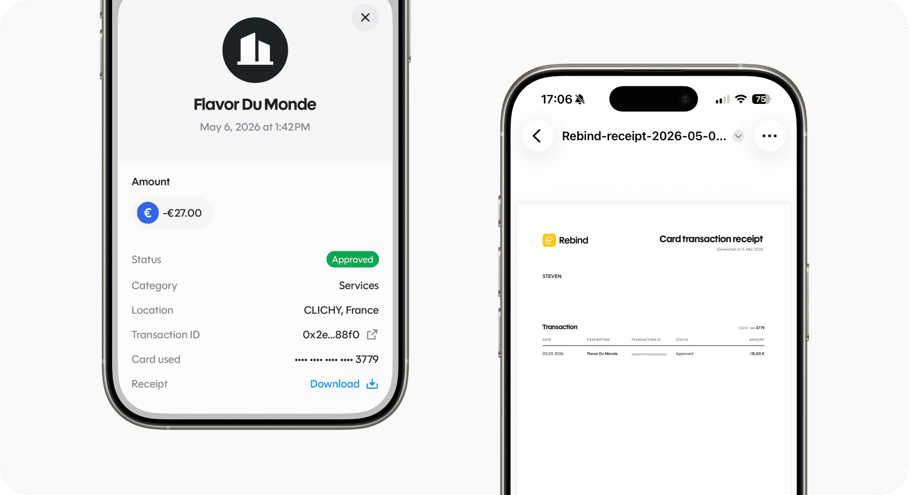 A card transaction receipt and PDF export in the Rebind app